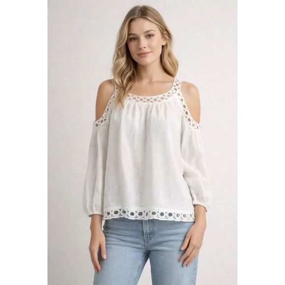 “Miss Love Tops - Miss Love White Boho Cold Shoulder Lace Trim Blouse Small